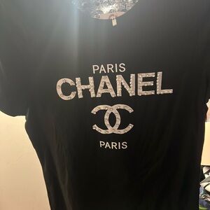 CHANEL Black Tee with White Logo